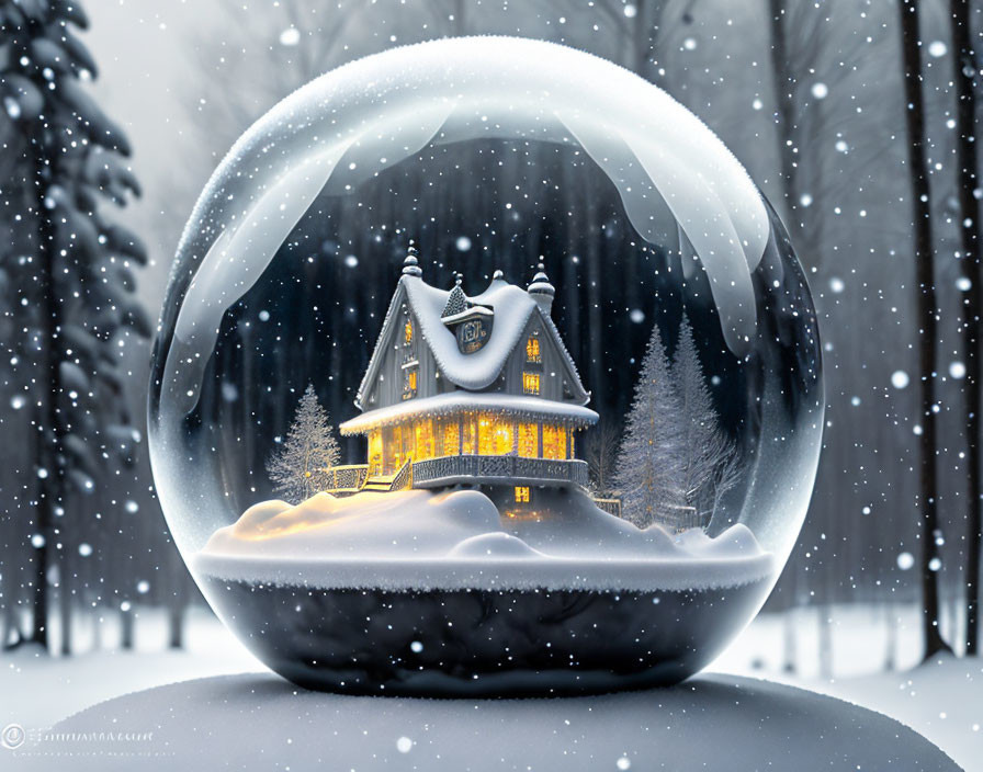 Snow Globe with Cozy Cottage, Pine Trees, and Falling Snow