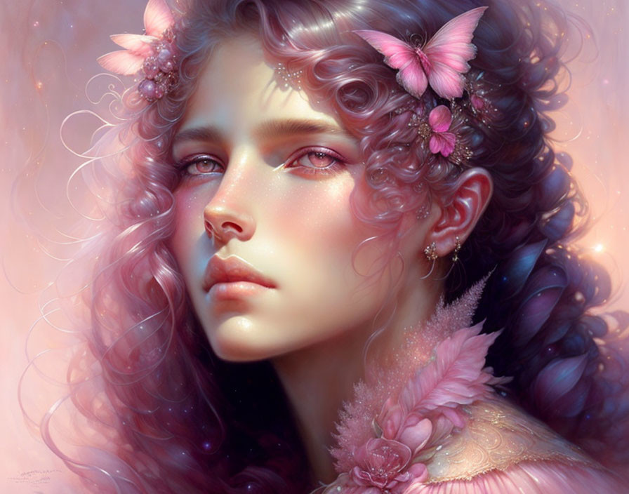 Digital art portrait: Woman with pink wavy hair, flowers, butterflies, and mystical gaze.