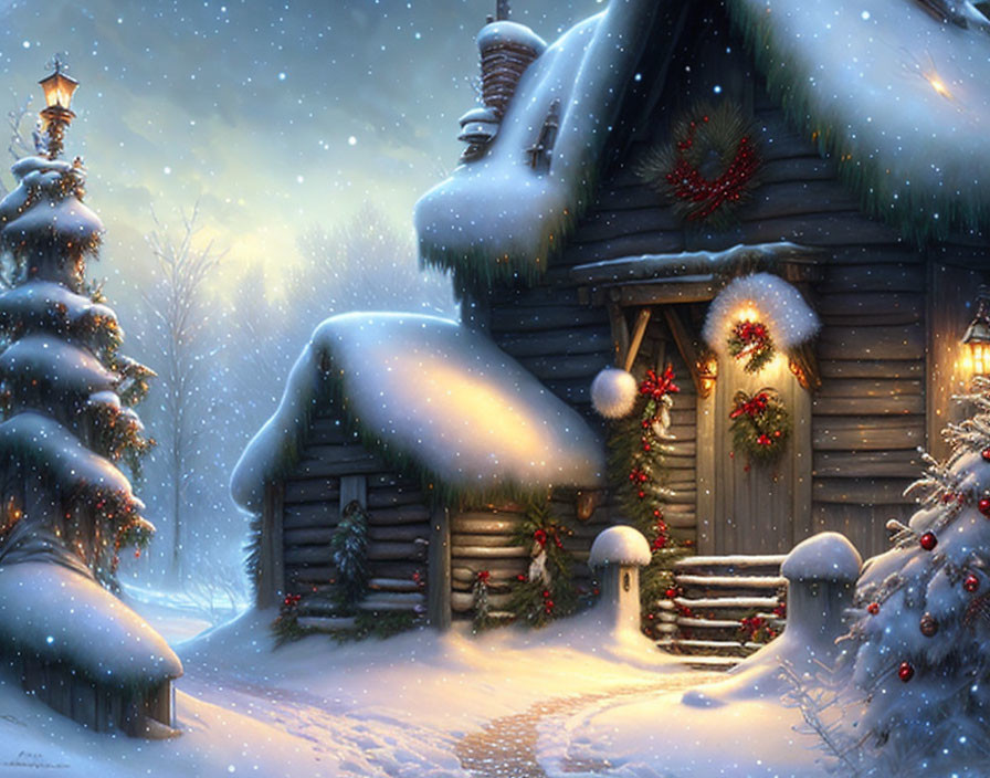 Winter scene: Snow-covered cottage with holiday decorations.