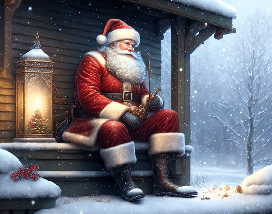 Santa Claus Playing Saxophone on Snowy Porch with Festive Decorations