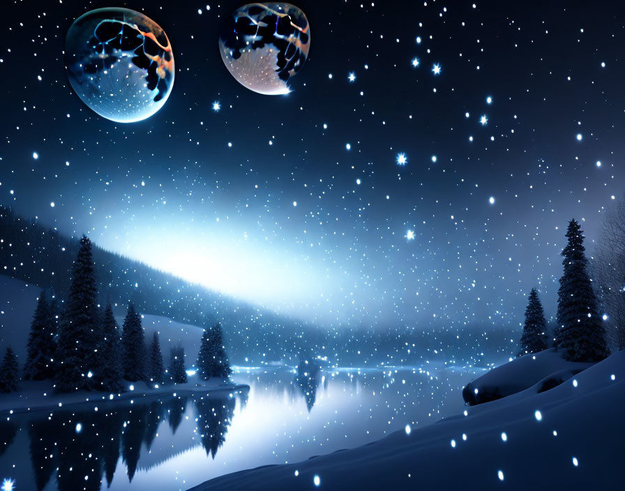 Snowy Night Landscape with Two Moons, Evergreen Trees, Lake, and Snowfall