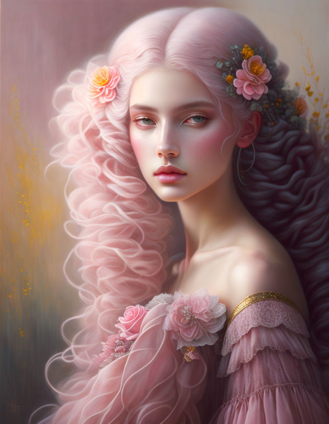 Portrait of woman with long wavy pink hair and floral hair accessories in off-shoulder dress