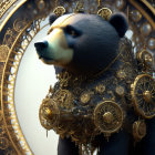 Steampunk-themed clockwork bear amidst gears and clocks