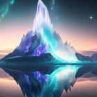 Glowing crystal-like mountain under starry sky reflected in tranquil water