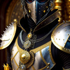 Medieval knight armor with gold detailing and emblem