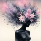 Mystical artwork: Woman with blue skin, galaxy hair, pink flowers