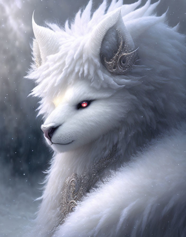 White wolf-like mythical creature with red eyes and silver patterns in snowy scene