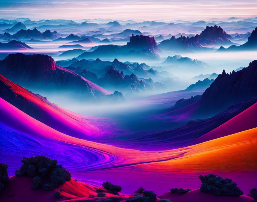 Scenic landscape with purple and pink hues, dunes, and misty mountains