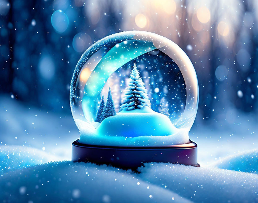 Snow Globe with Miniature Trees in Falling Snow and Bokeh-lit Wintry Background