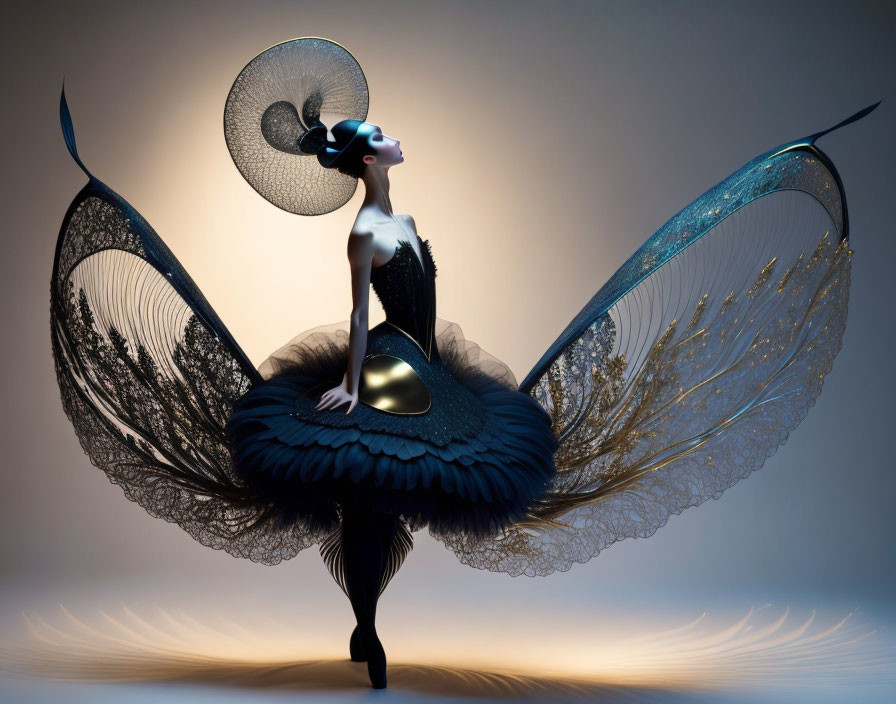 Figure in Elaborate Black Dress with Feathery Wings & Unique Headdress