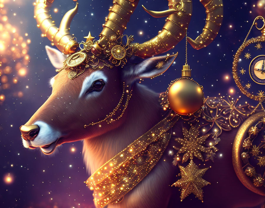 Golden-adorned goat with large horns and Christmas ornaments under starry night sky