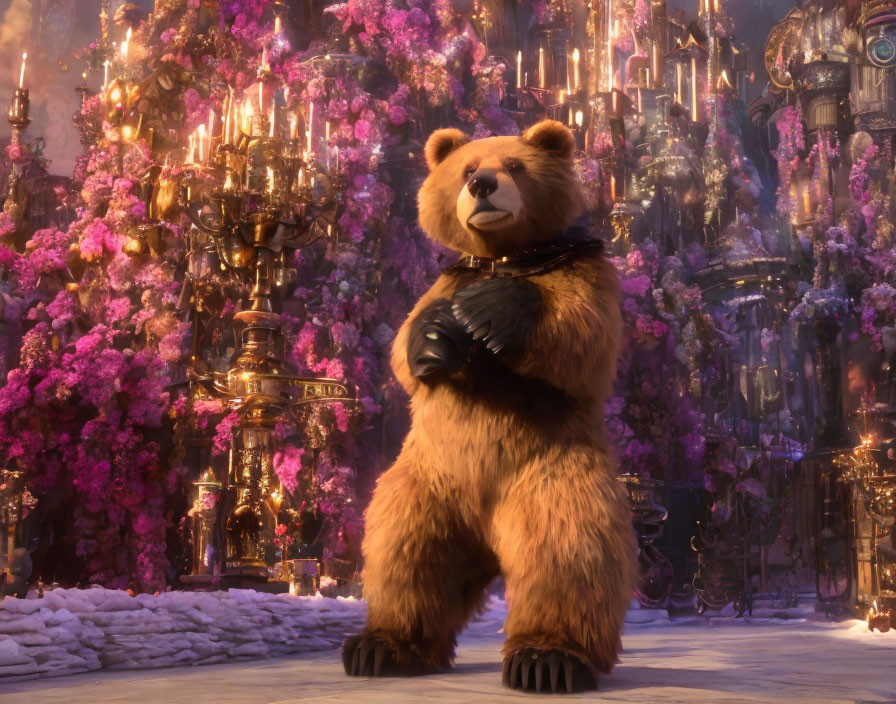 Animated bear with key in fantastical setting with pink blossoms and glowing structures