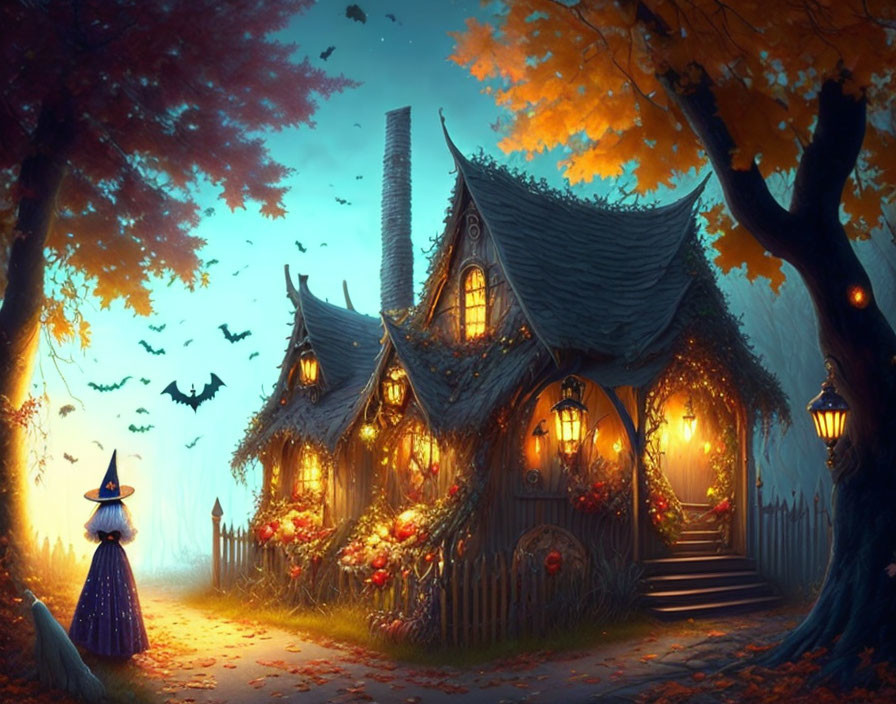 Whimsical witch approaching lantern-lit cottage in autumn scene