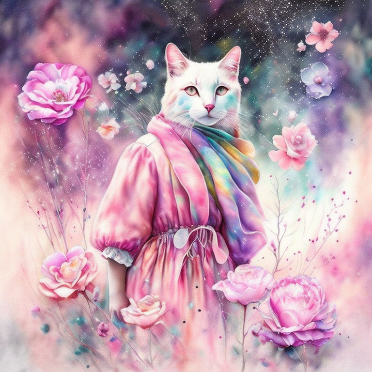 White cat in pink jacket with colorful scarf among soft pink flowers on pastel background