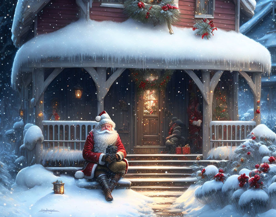 Festive scene: Santa Claus resting by snow-covered cabin