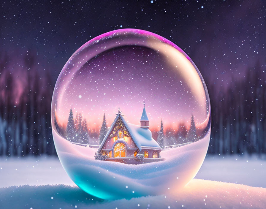 Winter landscape with quaint cottage in magical snow globe at twilight