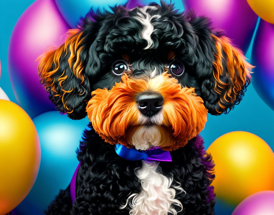 Colorful Digital Painting of Black and Tan Dog with Blue Bow and Balloons