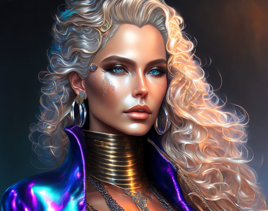 Blond Curly Hair Woman in Metallic Attire Portrait