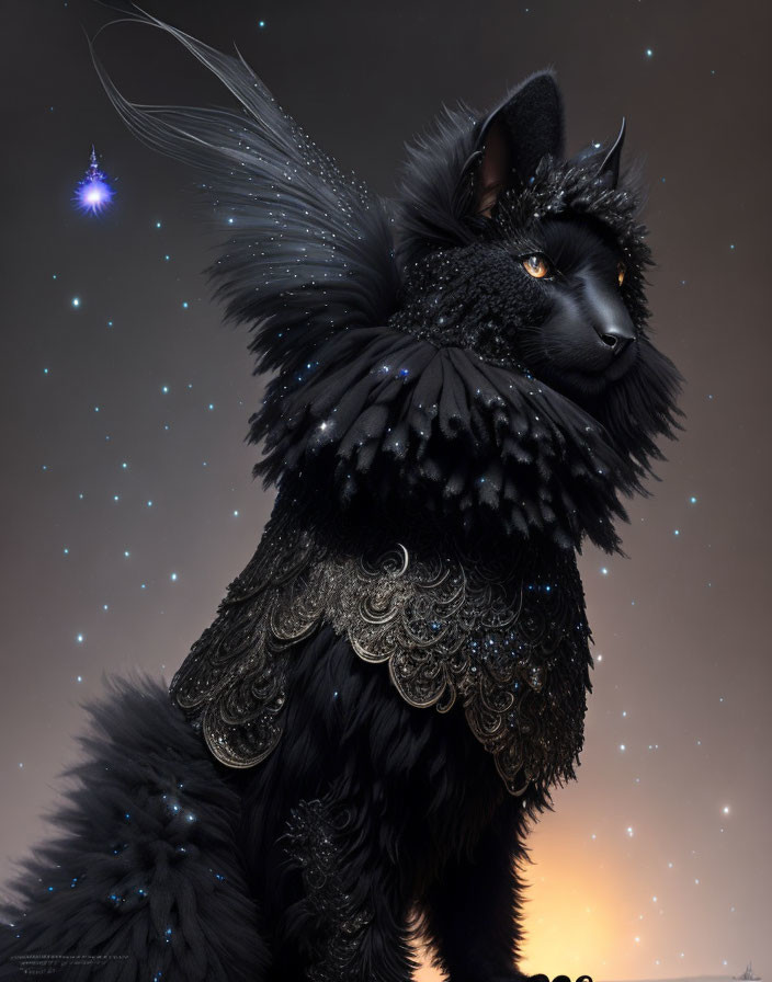 Intricate feather-like fur on black cat with glowing blue pendant in starry night.