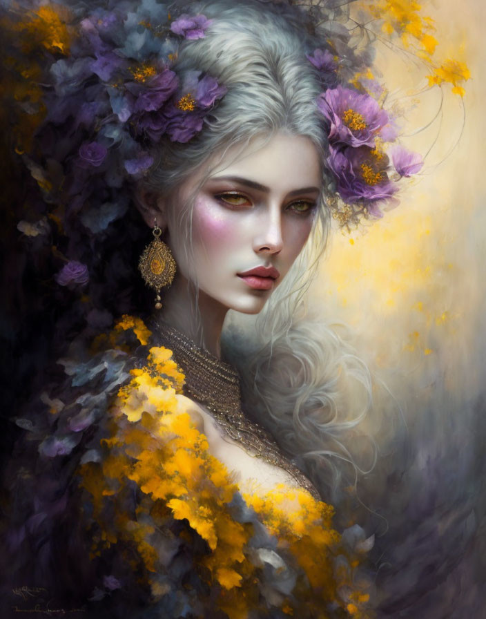 Pale-skinned woman with wavy hair, adorned with purple flowers and golden yellow foliage, emitting a