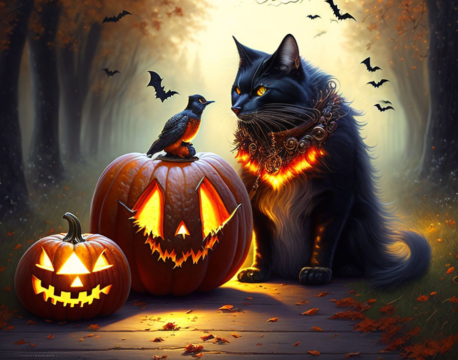 Black Cat and Carved Pumpkins in Autumn Setting with Bats