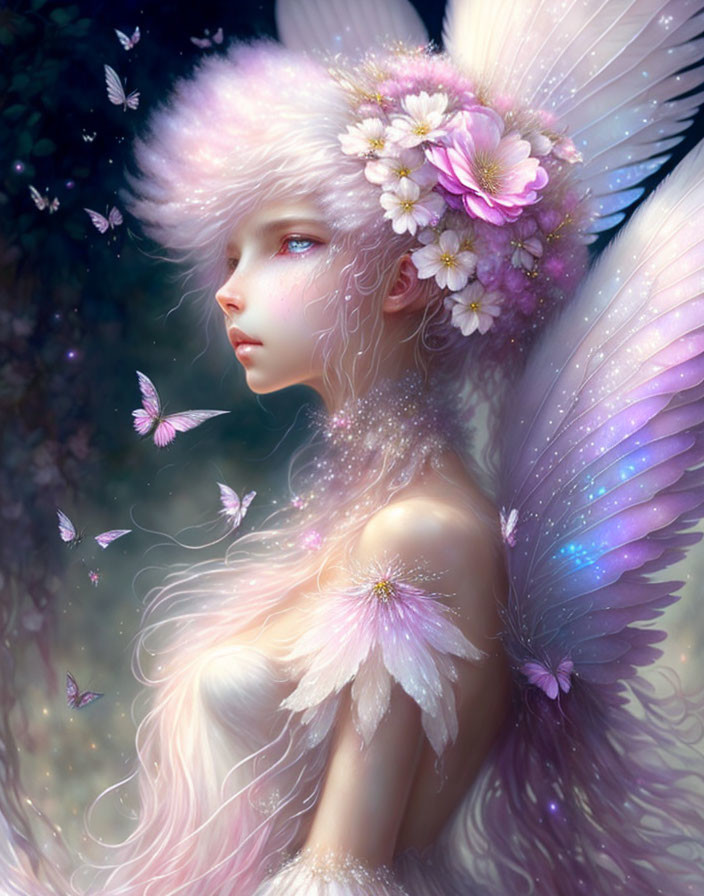 Whimsical fairy surrounded by butterflies and flowers