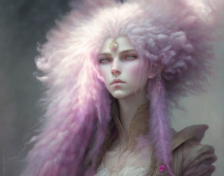 Fantasy portrait of person with pastel pink hair, blue eyes, gold jewelry, fur-trim