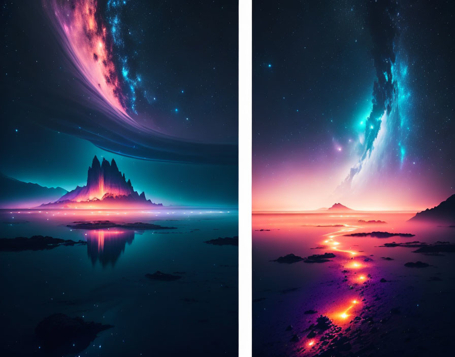 Vividly Colored Diptych: Nighttime Landscapes with Dramatic Skies