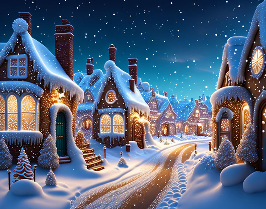 Snow-covered cottages in charming winter village at night