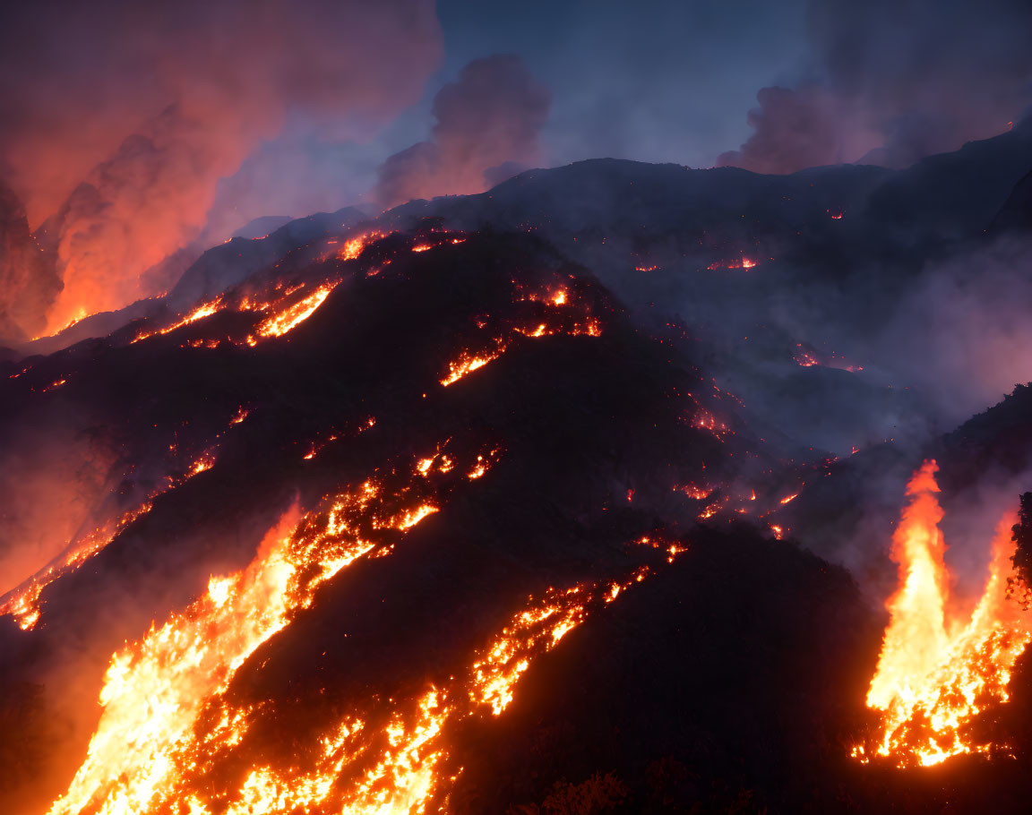 Mountain wildfire with bright flames and smoke-filled sky