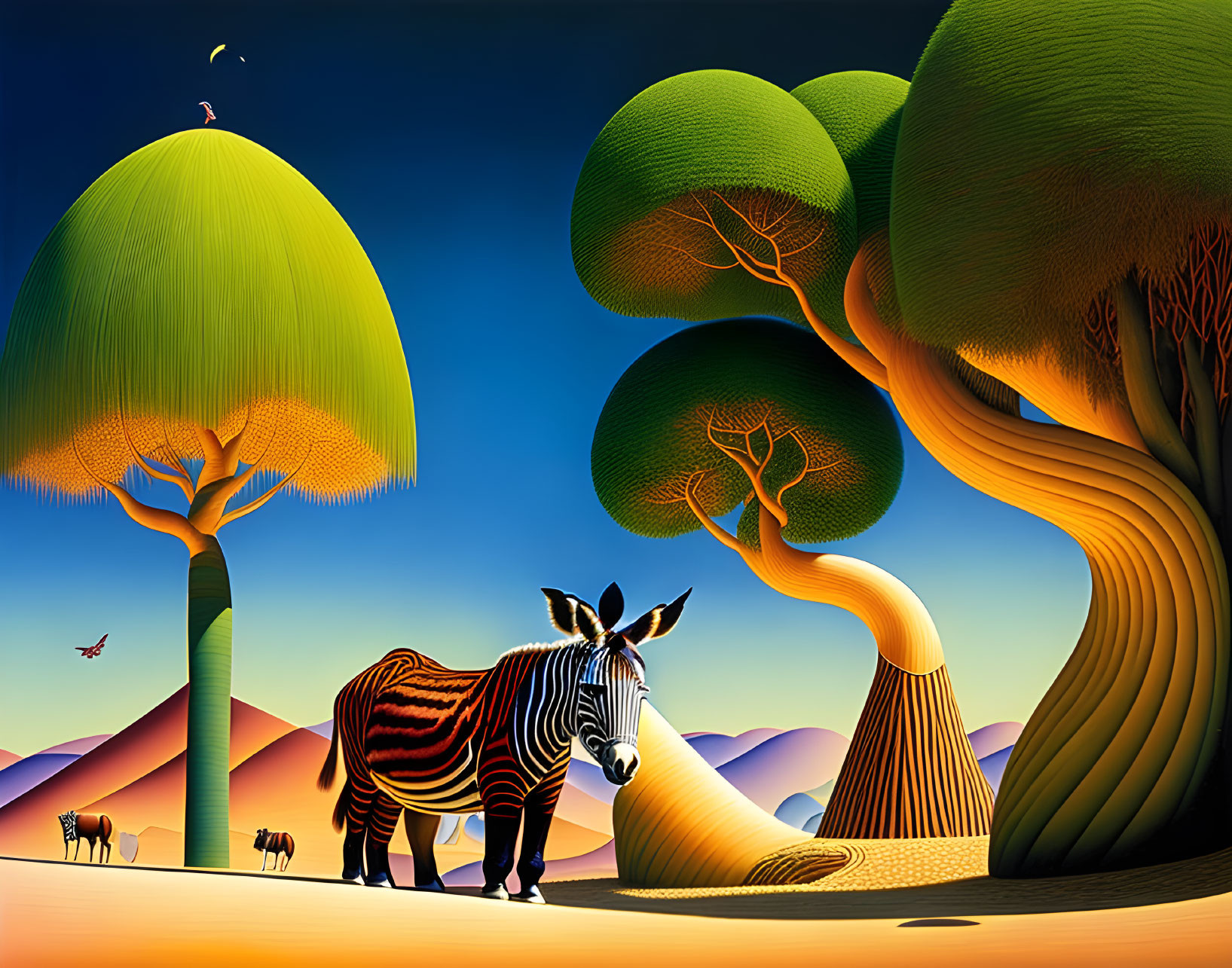 Vivid zebra-patterned tree in surreal landscape