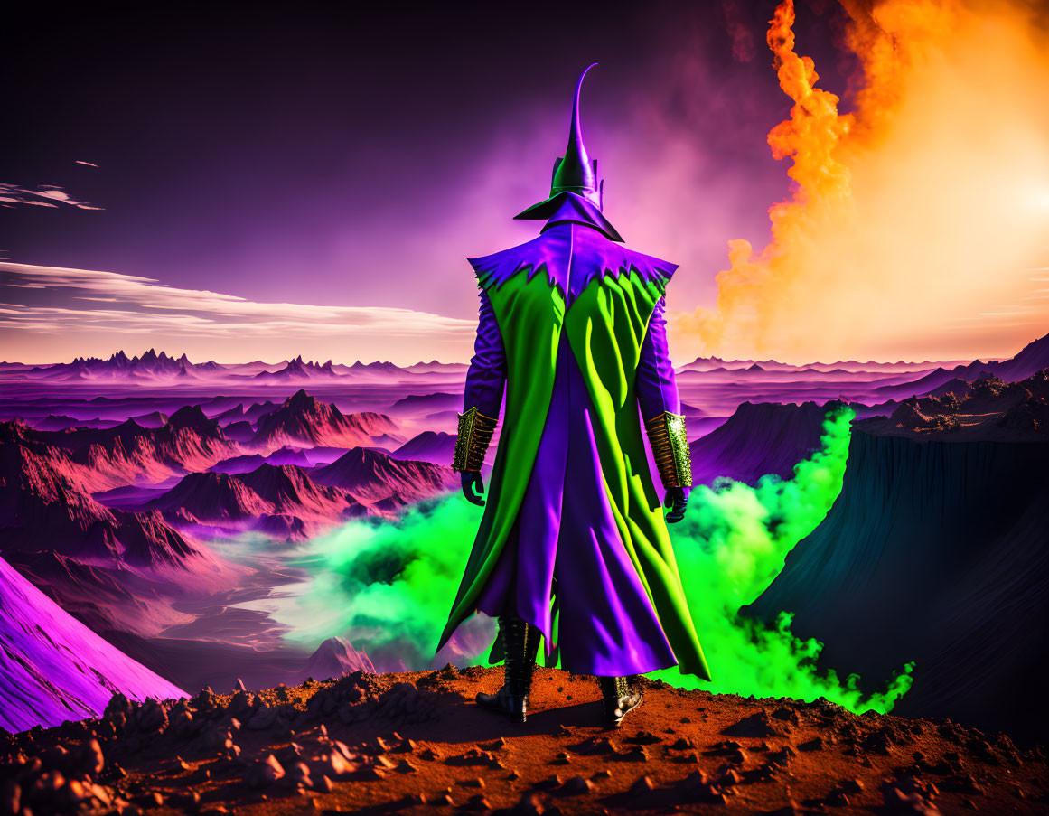 Wizard in cloak overlooking surreal colorful landscape with sharp peaks and fiery eruption