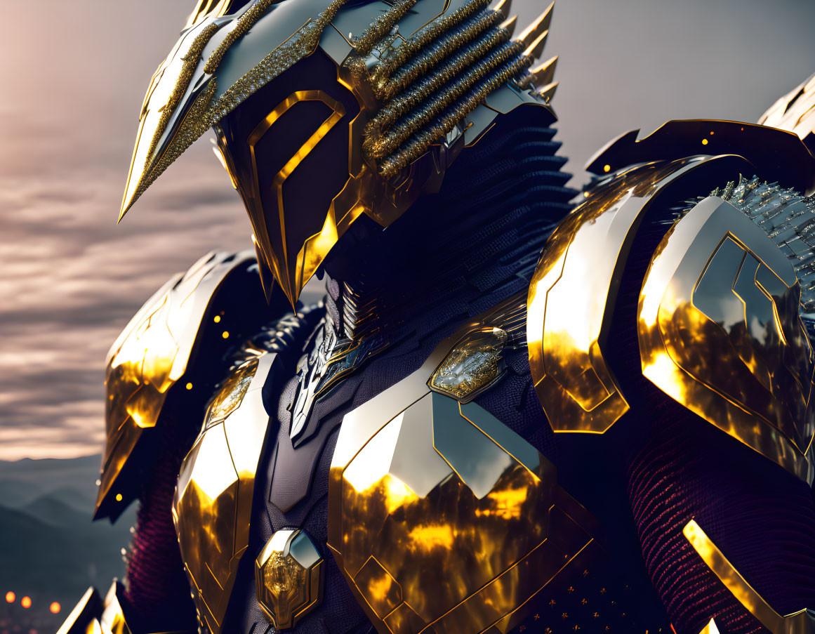 Person in ornate golden armor against dimly lit sky and mountains