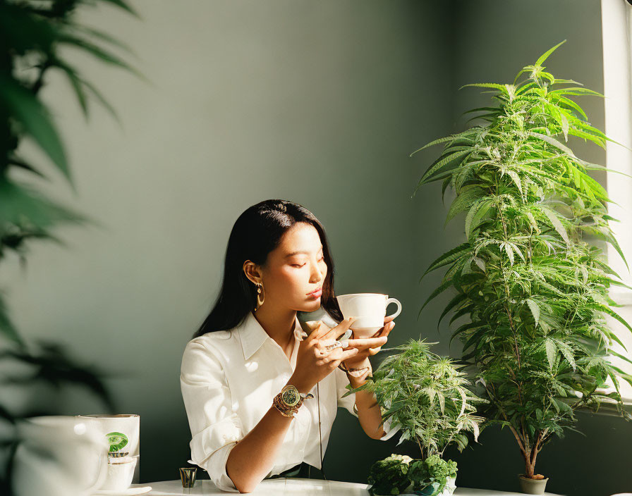 Woman Drinking Coffee in Sunlit Room with Green Plants