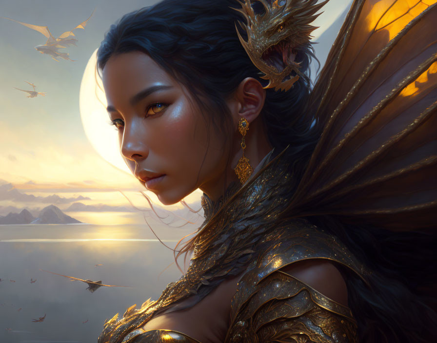 Striking woman in golden armor against sunset sky