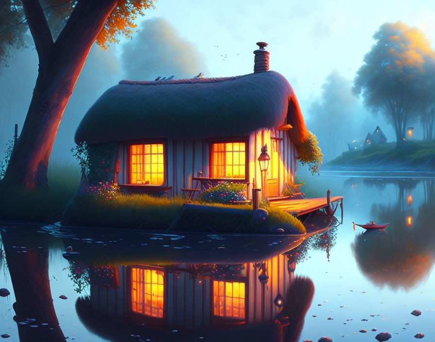 Thatched cottage by serene lake at twilight with warm glowing windows