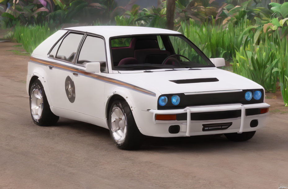 Vintage white sports car with black stripe and "01" parked among green foliage