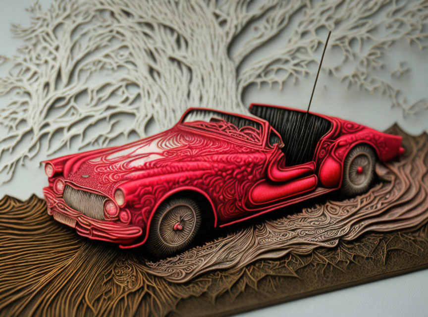 Intricate Red Vintage Car Paper Art with Trees and Earth Texture