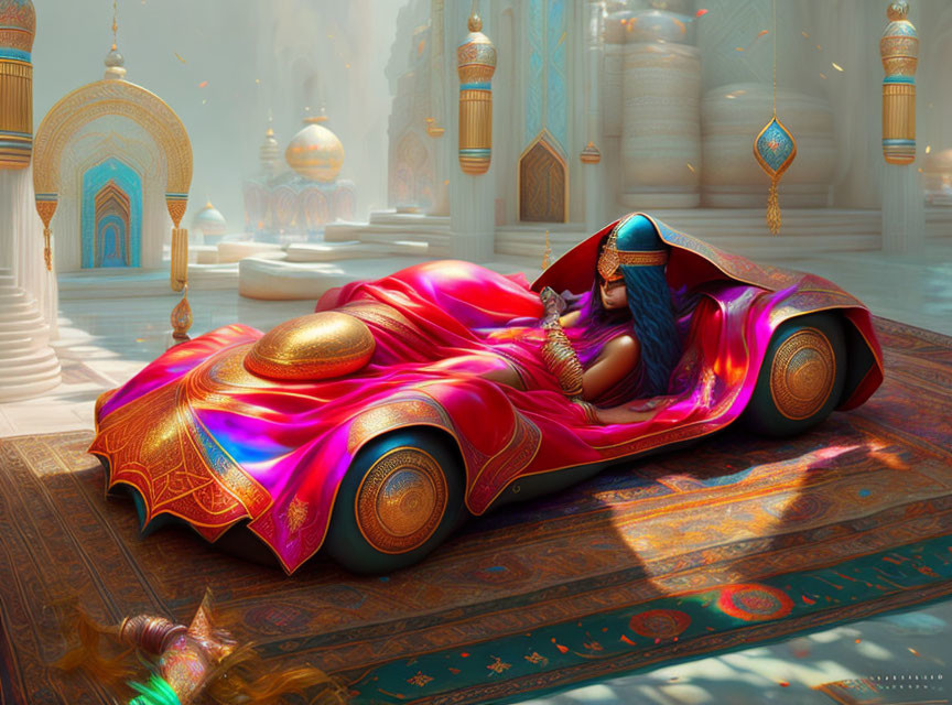 Elegant woman drives futuristic Arabian car in palace hall