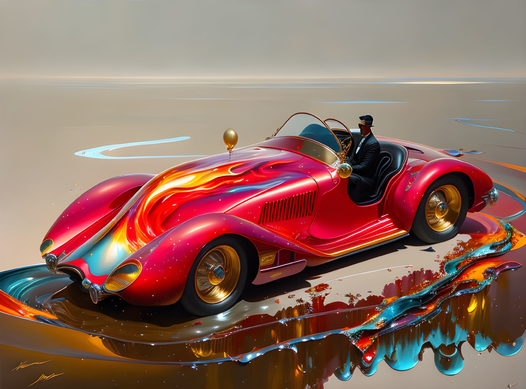 Futuristic red car digital artwork with golden accents