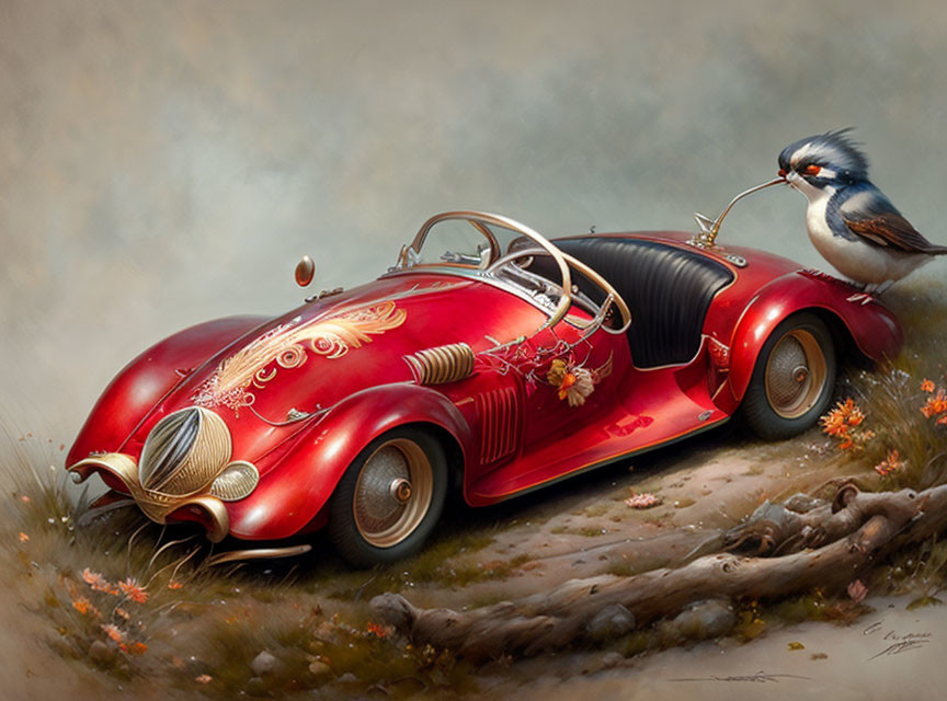 Whimsical red vintage car art with bird in monocle