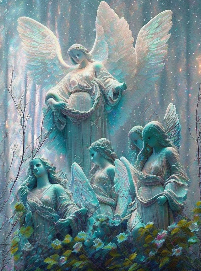 Ethereal woodland scene with angelic figures and wings