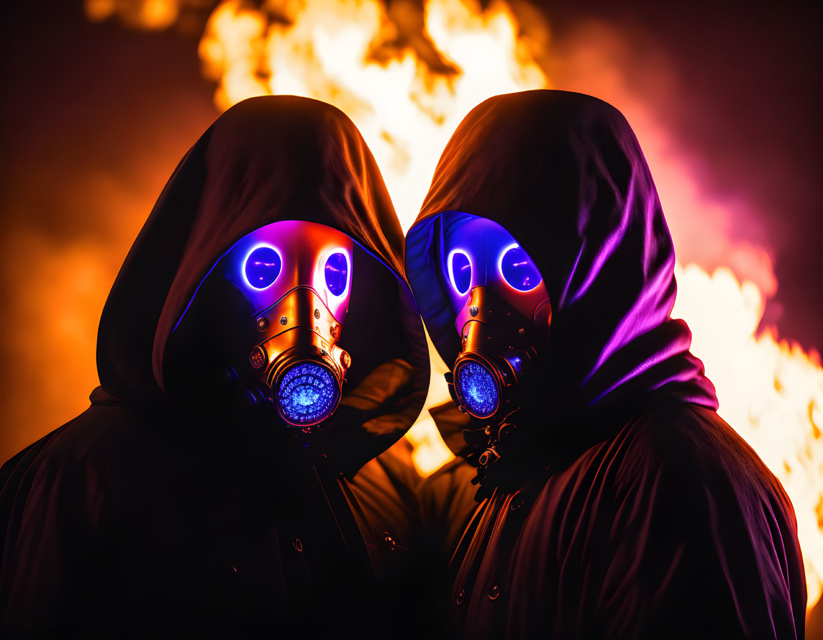 Two individuals in hooded cloaks with futuristic masks by a nighttime fire