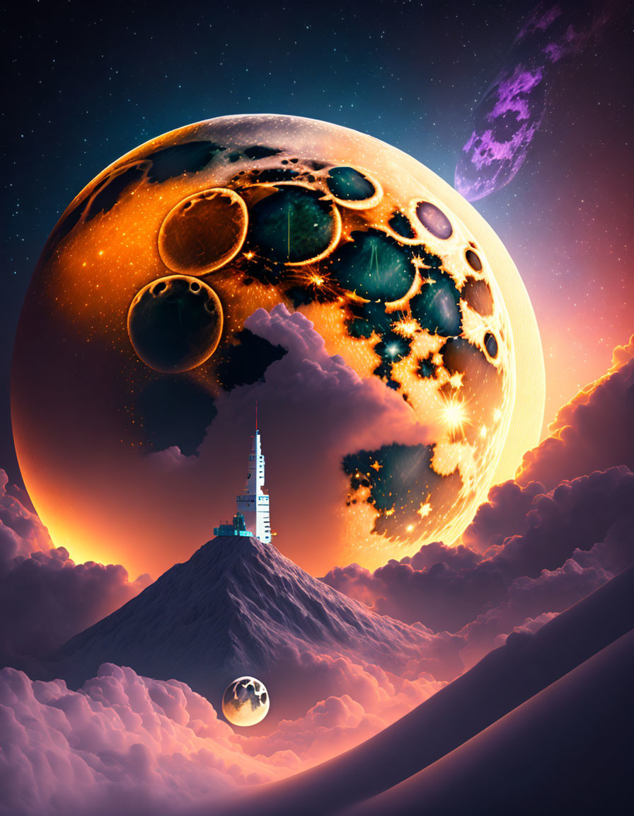 Surreal mountain illustration with futuristic tower and cosmic sky.