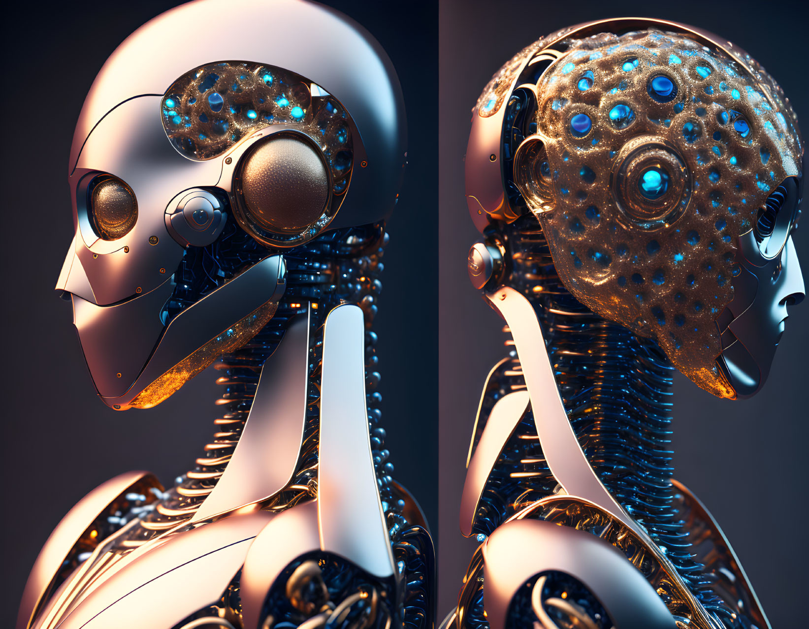 Detailed Robotic Heads with Blue Glowing Elements on Dark Background