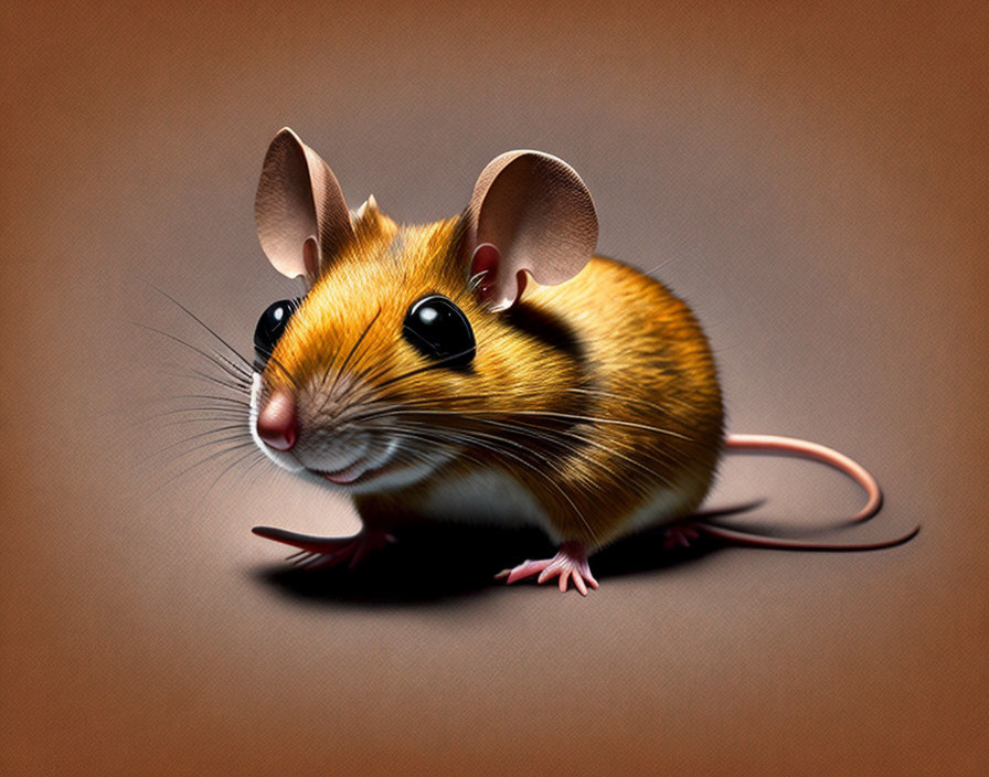 Detailed digitally enhanced mouse illustration with glossy eyes and fur texture on brown background