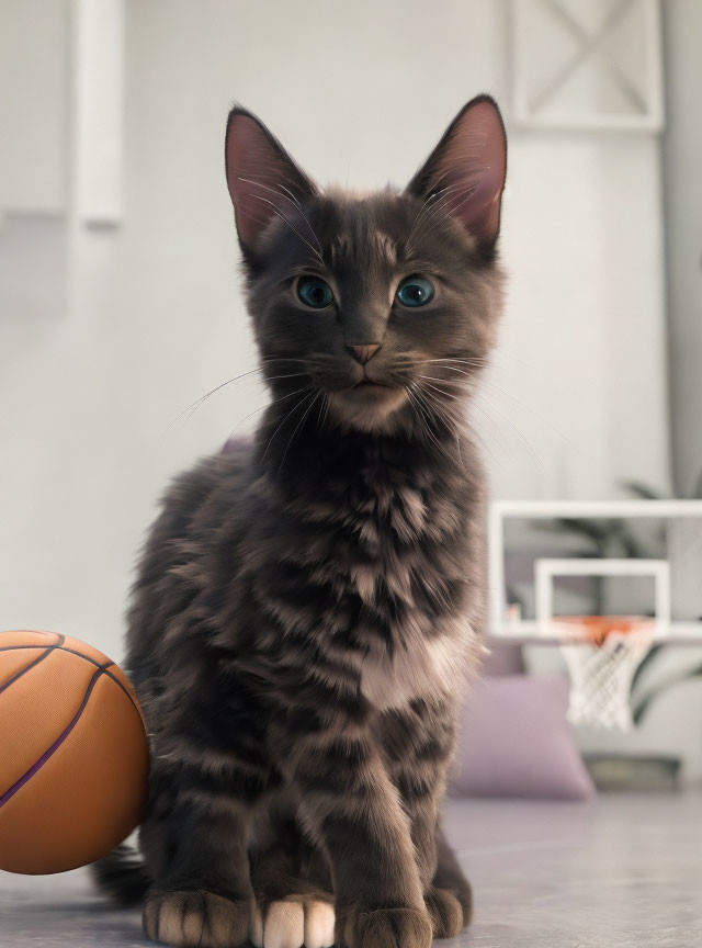 Gray Tabby Kitten with Blue Eyes and Basketball Scene