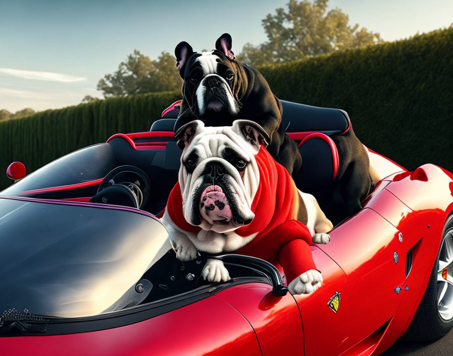 Bulldogs in Red Scarves in Luxury Convertible