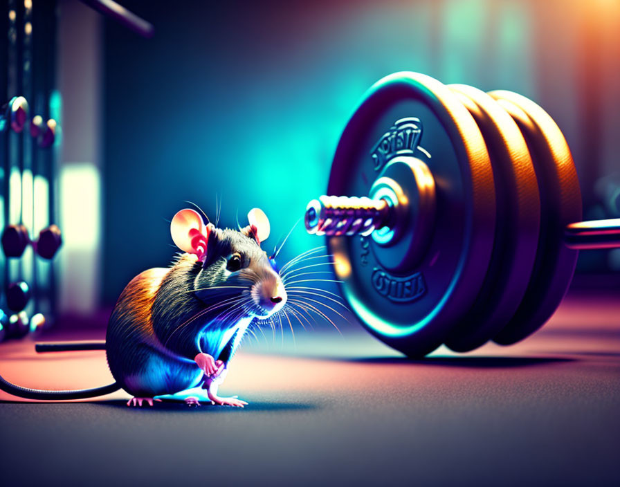 Muscular Mouse with Colorful Dumbbell in Gym Setting