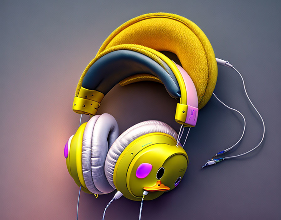 Yellow and White Duck-Themed Headphones with Purple Accents